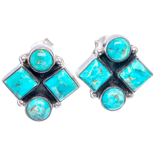 Pair of turquoise gemstone stud earrings with black diamond settings and silver bezels
