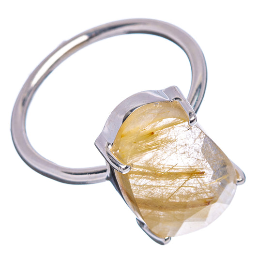 Yellow rutilated quartz ring, geometric facets, sterling silver open band and claws