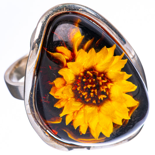 Amber Intaglio Sunflower Ring Size 6 Adjustable (925 Sterling Silver) R3821