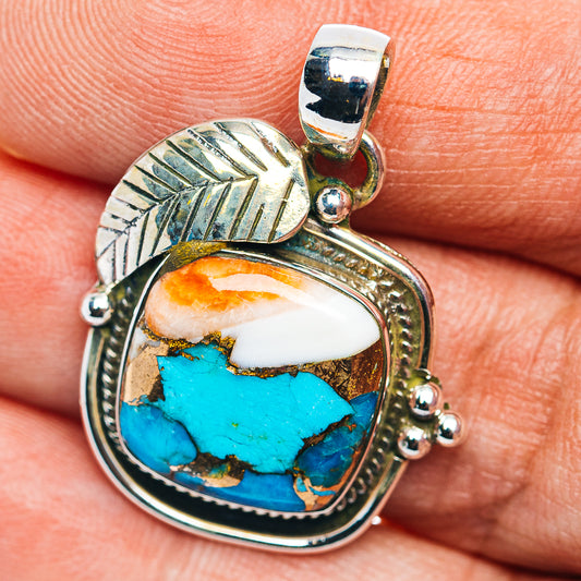 Southwestern Style Spiny Oyster Turquoise Pendant 1 1/4" (.925 Sterling Silver)