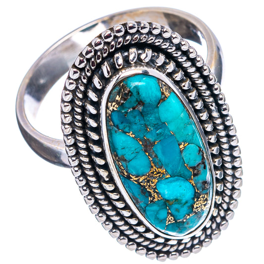 Oval turquoise gemstone ring, sterling silver rope setting and raised bezel on band