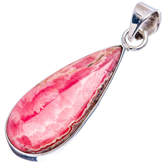 Pink rhodochrosite drop pendant in .925 sterling silver, curved bail and bezel frame