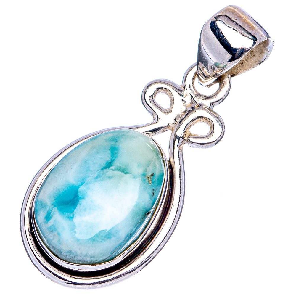 Sterling silver larimar oval pendant with openwork swirl bail and scalloped frame