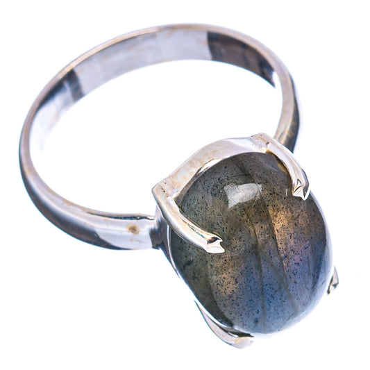 Sterling silver band with oval labradorite stone, side view, open prongs