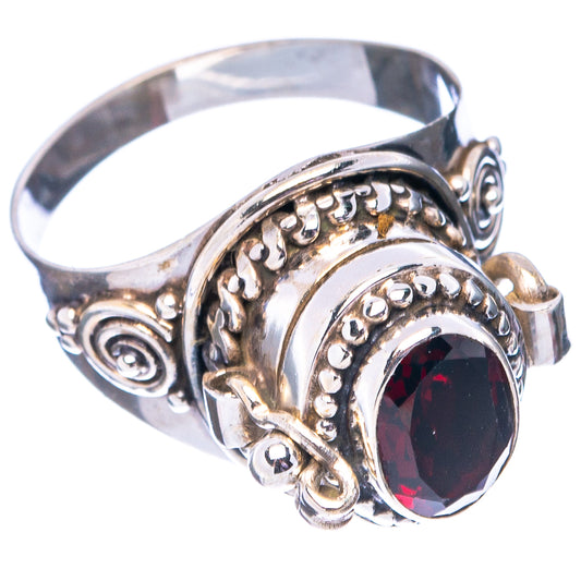Garnet poison ring in .925 sterling silver, ornate bezel with dark red oval center