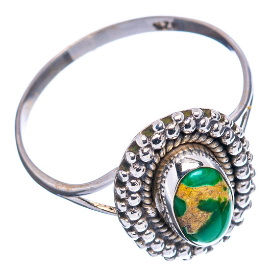 Sterling silver oval turquoise ring with green cabochon and raised beaded frame