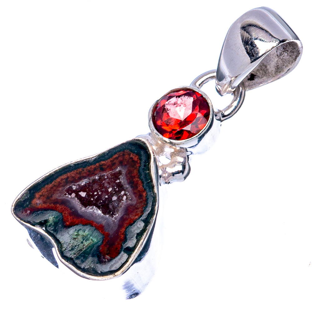 Sterling silver pendant with round red gemstone and scalloped geode slice, loop bail