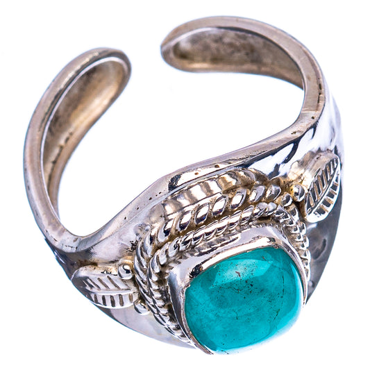Turquoise amazonite cabochon sterling silver ring with rope and leaf engravings