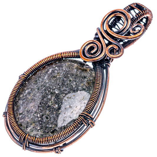 Oxidized copper wire-wrap teardrop pendant with dark sparkly druzy center and side loops