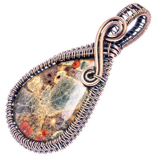 Oxidized copper wire-wrapped teardrop pendant with speckled stone and top loop