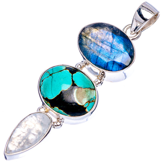 Oval gemstone pendant in sterling silver with blue labradorite, turquoise, and white moonstone.