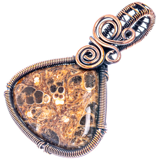 Oxidized copper wire-wrap pendant with turritella agate teardrop stone, round spiral links