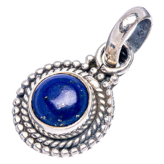 Sterling silver lapis lazuli round blue pendant with textured bead border and bail