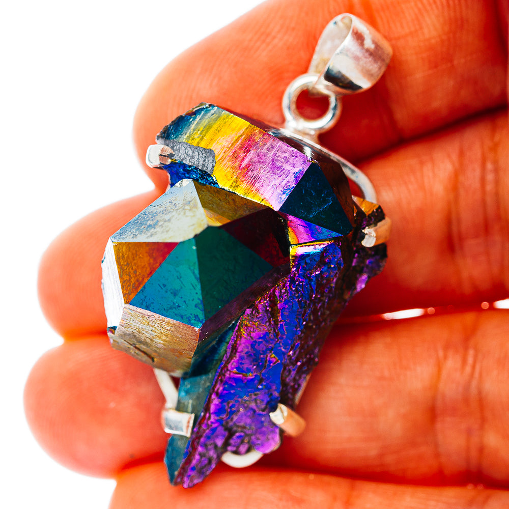 Iridescent aura quartz crystal pendant in .925 sterling silver setting