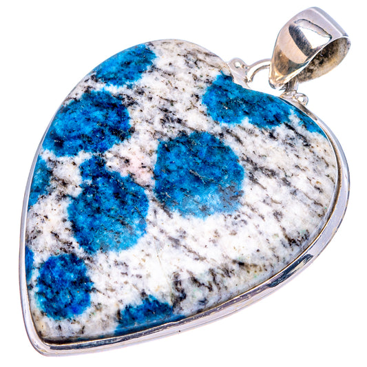 Azurite heart pendant with 925 sterling silver bail and bezel; blue stone, white speckled matrix