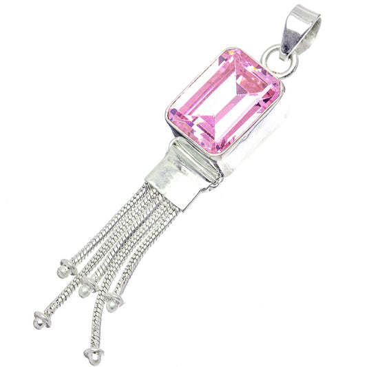 Pink quartz rectangle pendant with silver bail and multi-chain tassel fringe, sterling .925