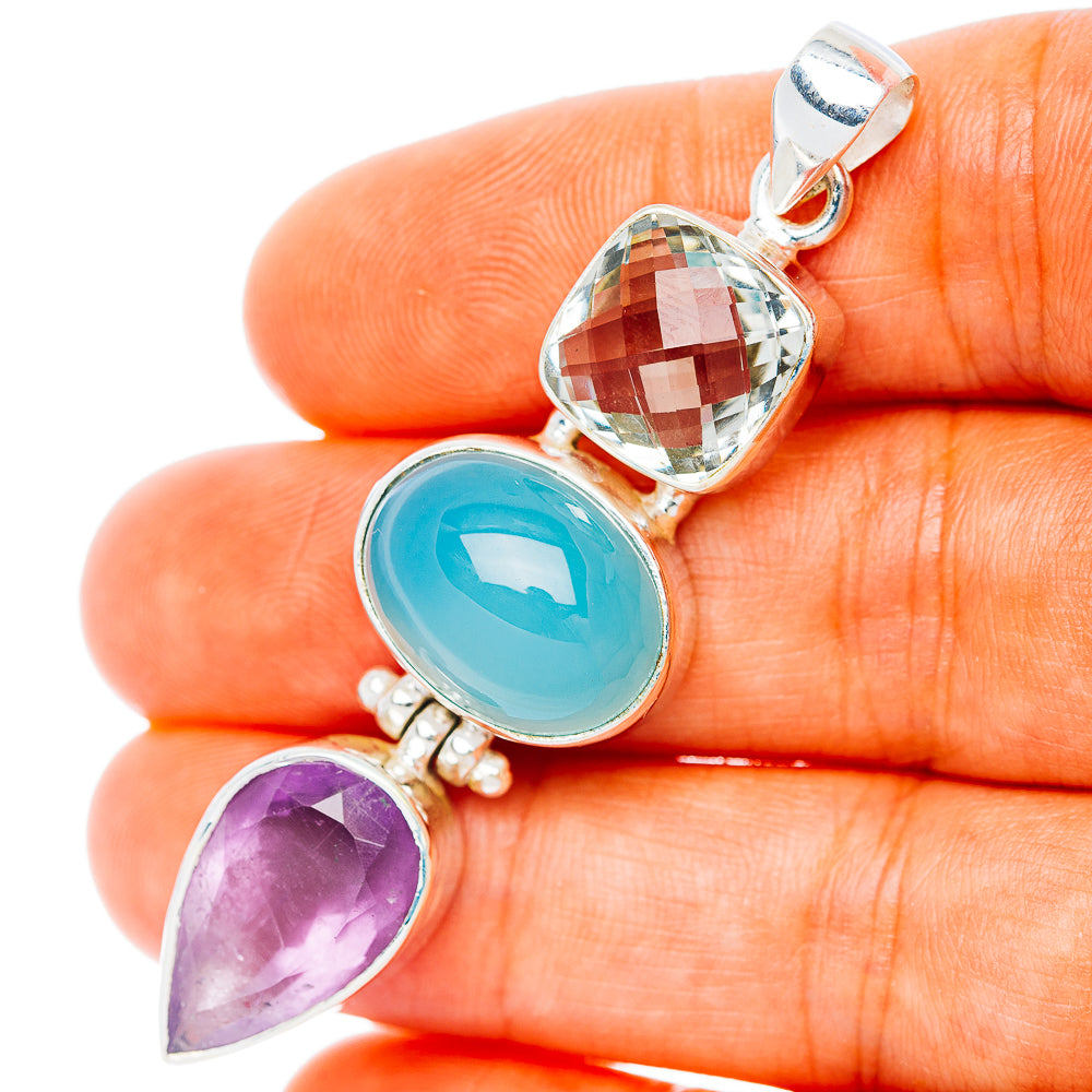 Premium Multi-Gem Blue Chalcedony, Green Amethyst, Amethyhst Pendant 2 3/8" (.925 Sterling Silver)