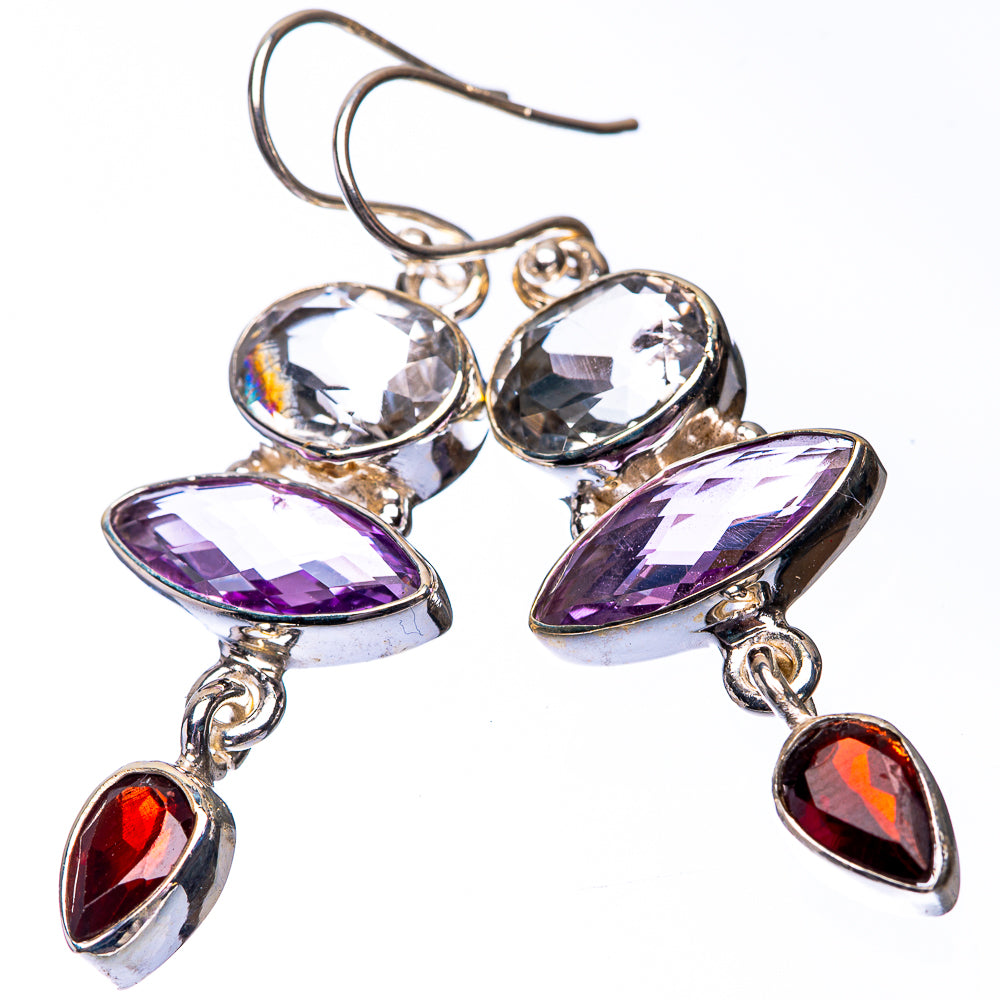 Amethyst, White Quartz, Garnet Earrings 1 7/8" (925 Sterling Silver) E432255
