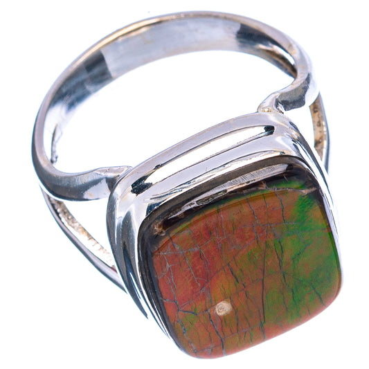 Sterling silver ring with rectangular ammolite stone, red and green flash