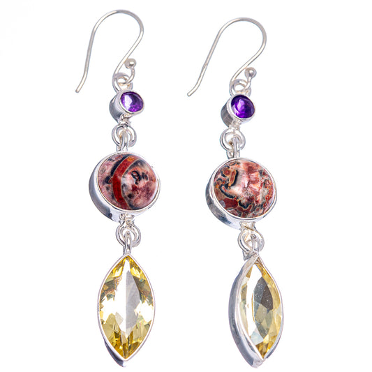 Sterling silver drop earrings with purple bead, red patterned round stone, and yellow teardrop