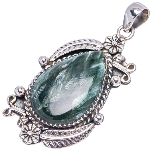 Sterling silver green seraphinite teardrop pendant with top bail and engraved border