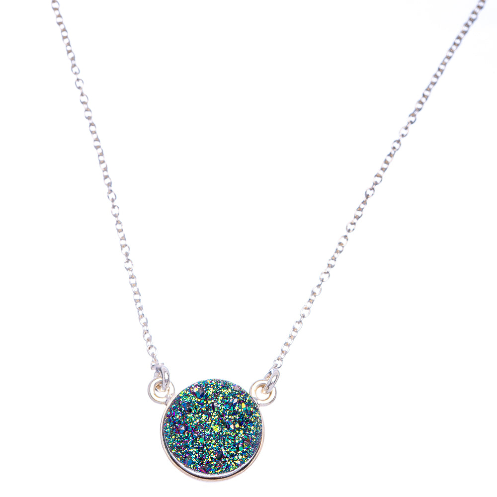 Silver chain necklace with round multicolor druzy pendant and clasp rings