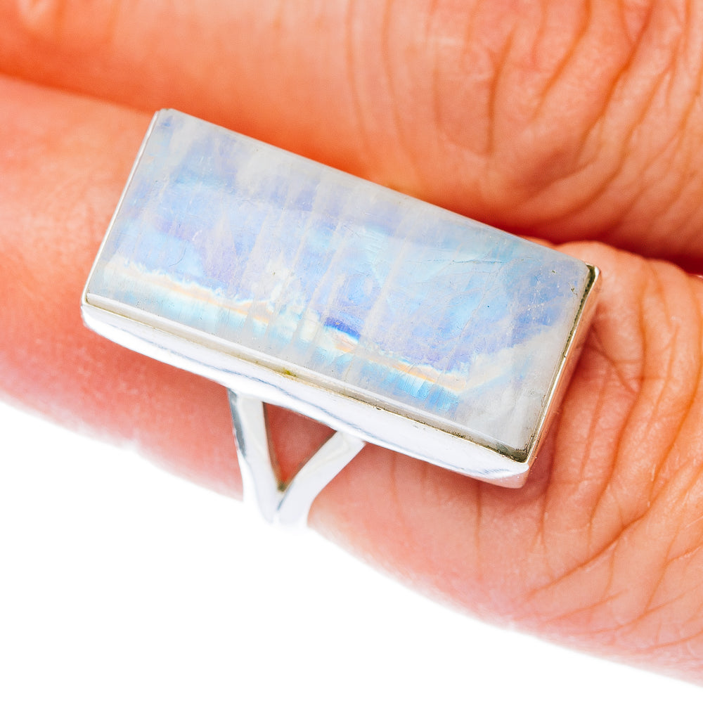 Large sterling silver ring with iridescent rectangular moonstone gemstone
