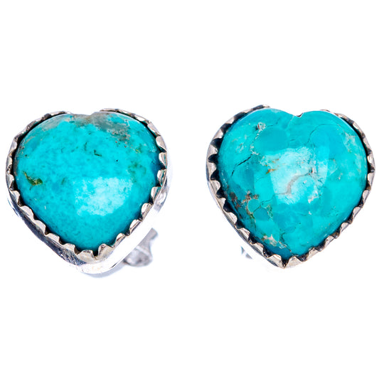 Turquoise heart stud earrings, .925 sterling silver bezel with textured edge, front view.