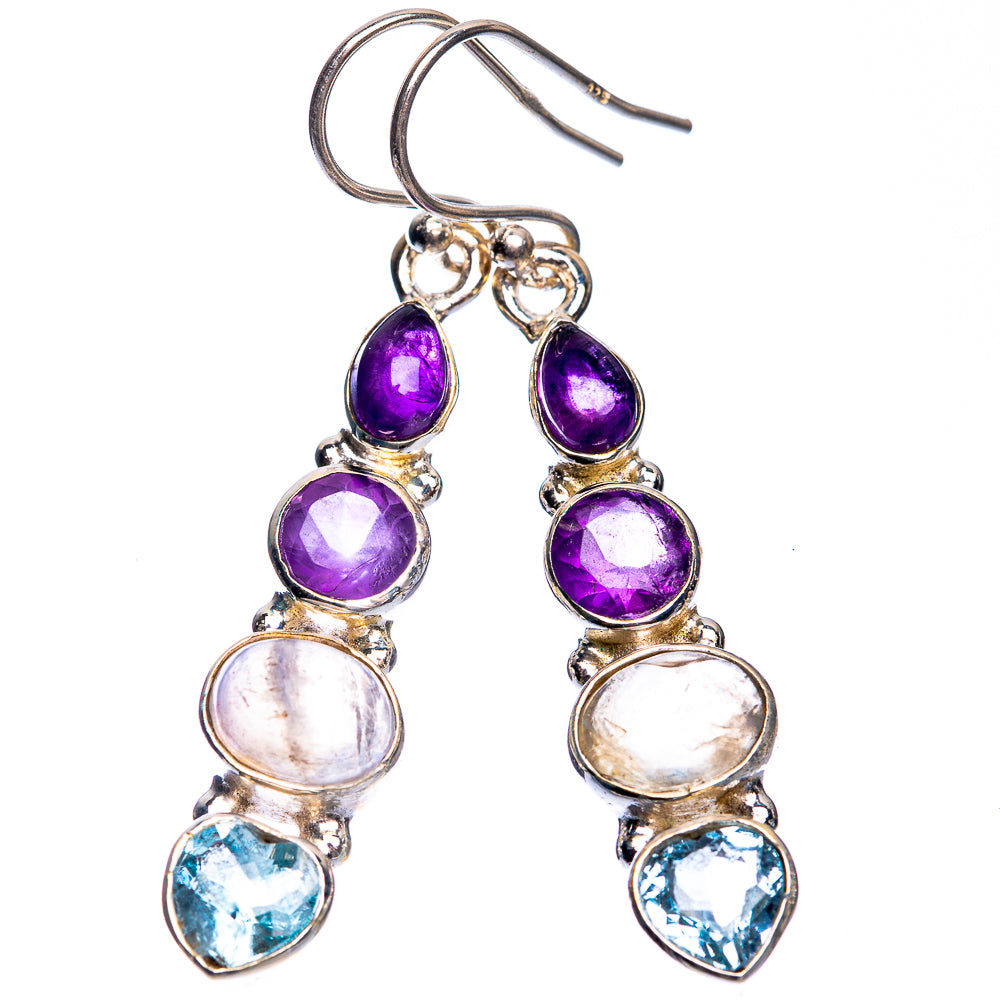 Sterling silver drop earrings featuring purple amethyst, pale moonstone, and light blue topaz