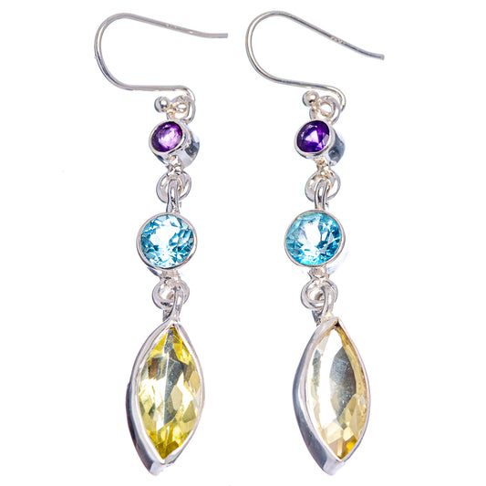 Sterling silver drop earrings: purple, blue, and yellow faceted gemstone drops