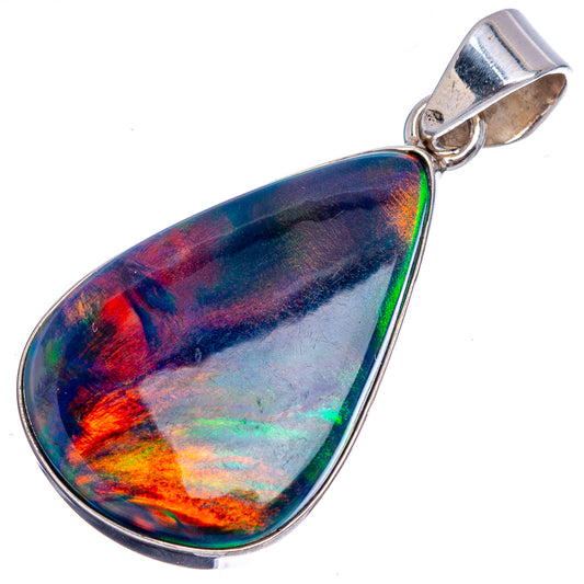 Sterling silver opal teardrop pendant with vivid blue red green iridescent finish
