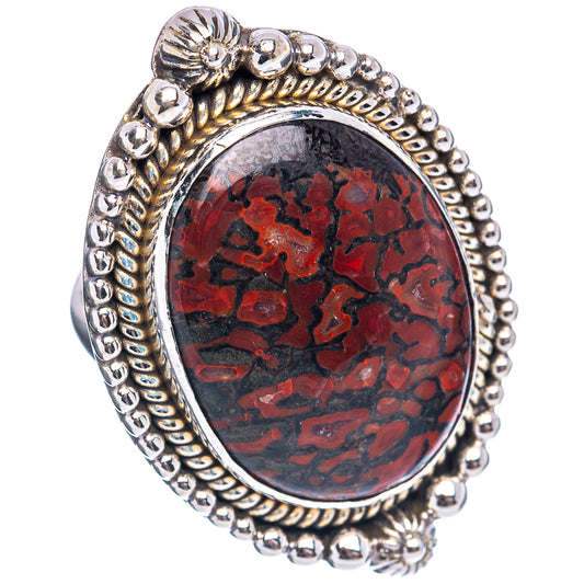 Oval red fossil-pattern sterling silver ring, size 8.25 with raised bead bezel