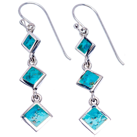 Turquoise square drop earrings with three linked stones and curved silver hooks
