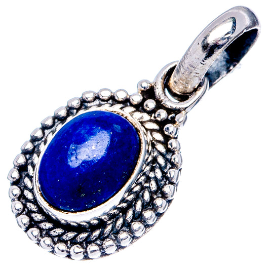 Sterling silver lapis lazuli pendant, oval blue cabochon in beaded round frame