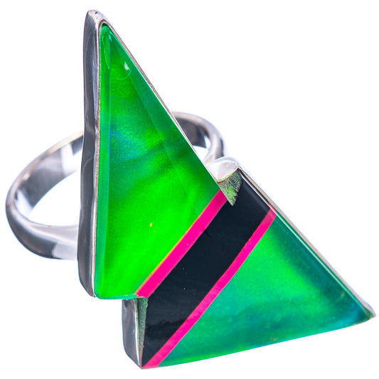 Silver ring with tall green opal triangle face, black stripe and pink accents
