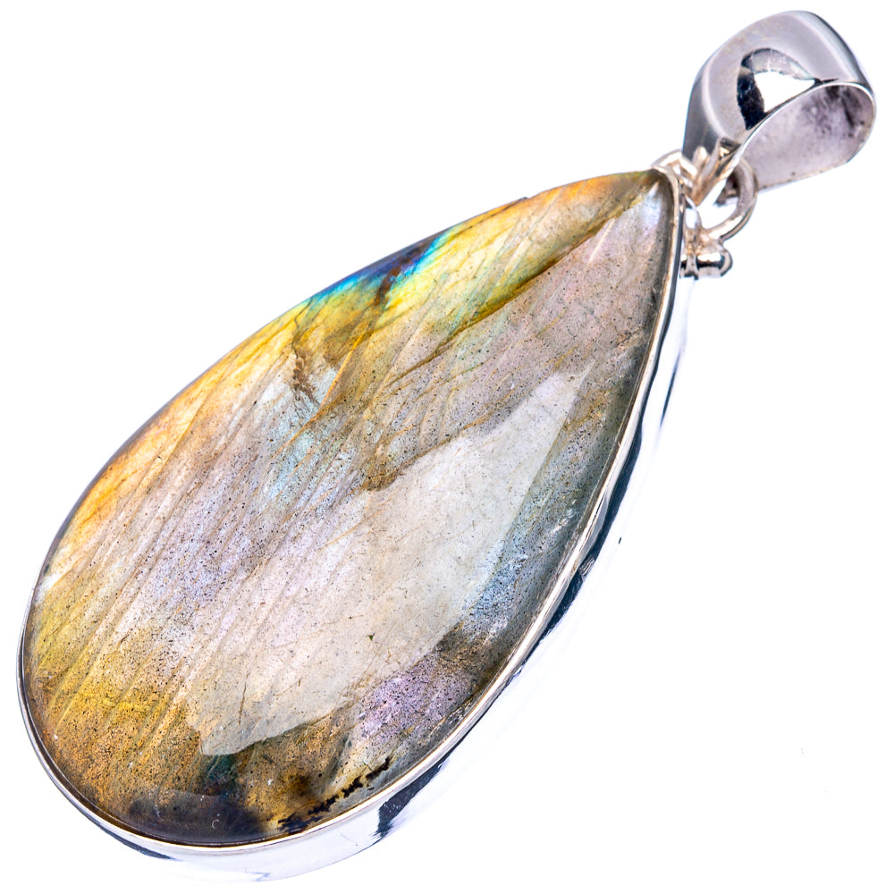 Labradorite teardrop pendant with iridescent blue-gold flash in sterling silver frame
