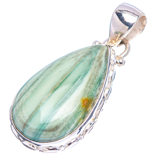 Sterling silver pendant charm with oval green variegated stone, loop bail and setting