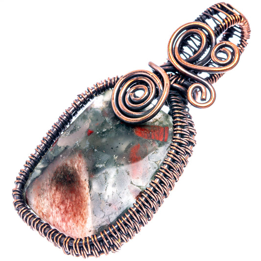 Oxidized copper wire-wrap pendant with teardrop bloodstone cabochon and coiled frame