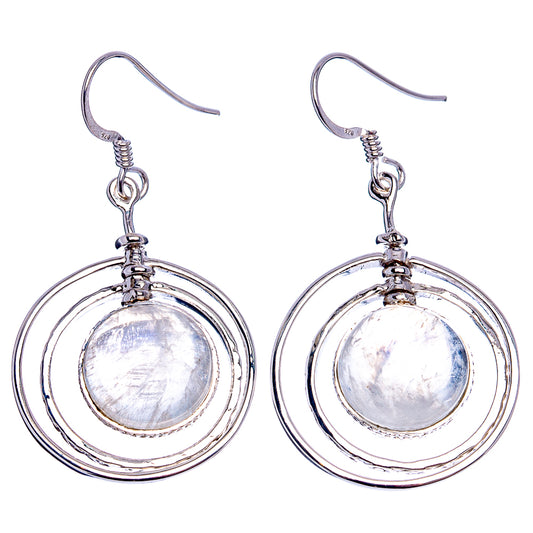 Silver hoop drop earrings with round moonstone centers and ear-wire hooks