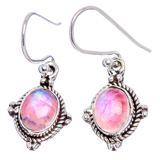 Oval pink moonstone dangle earrings with detailed silver rope borders and wire hooks