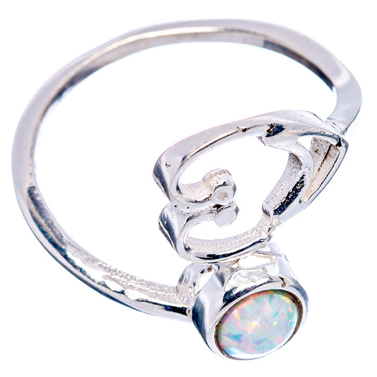 Adjustable .925 sterling silver heart ring with round opal-style gemstone