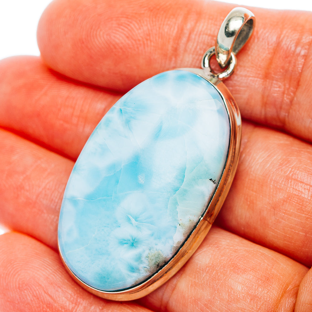 Larimar oval pendant with blue stone in German-silver bezel and bail