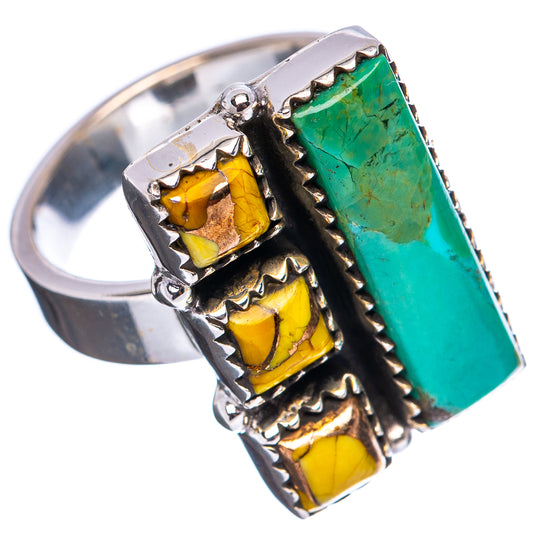 Sterling silver adjustable ring with green turquoise and yellow square stone panels