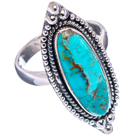 Oval turquoise inlaid sterling silver ring with raised border, side view, size 7.25