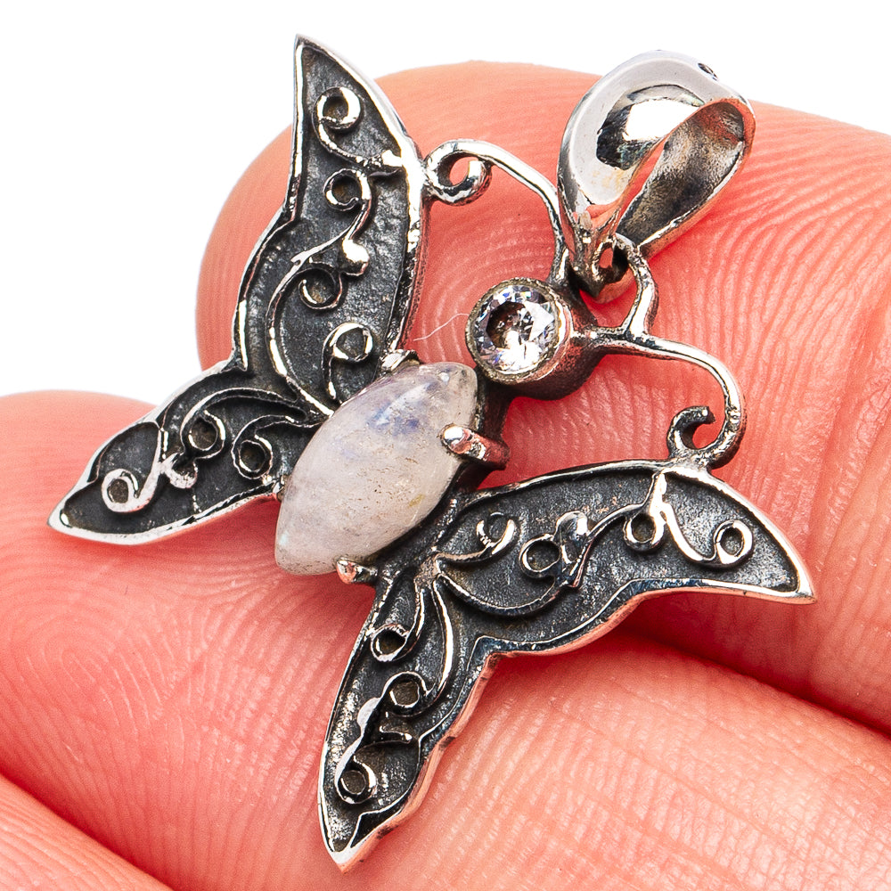 Dainty Rainbow Moonstone Butterfly Pendant 7/8" (925 Sterling Silver) P45267