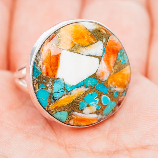 Spiny oyster turquoise ring in .925 sterling silver, oval inlay mosaic with orange, white, blue