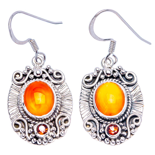 Sterling silver carnelian drop earrings with orange oval stone and two gemstone dangles