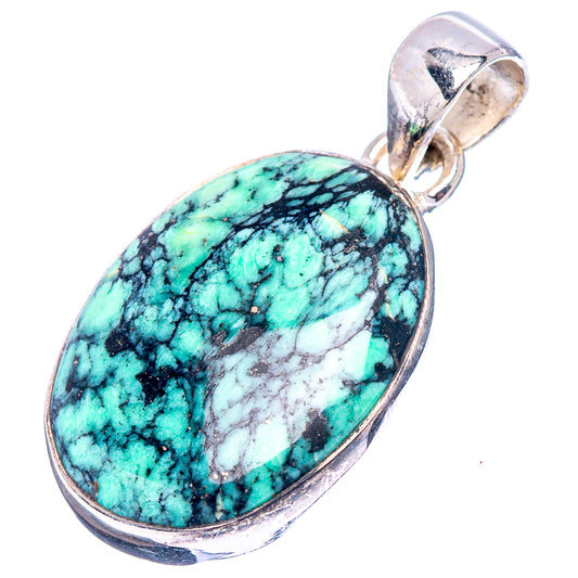 Turquoise variscite oval pendant with silver frame and bail, detailed matrix with dark lines
