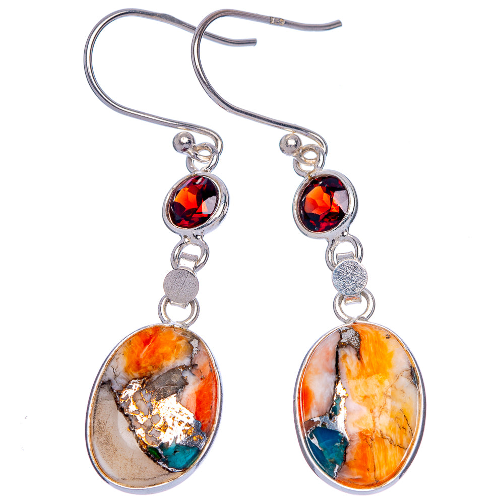 Spiny Oyster Turquoise, Garnet Earrings 1 3/4" (925 Sterling Silver) E433251
