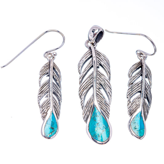 Sterling silver feather earrings with turquoise teardrop drops and hook backs